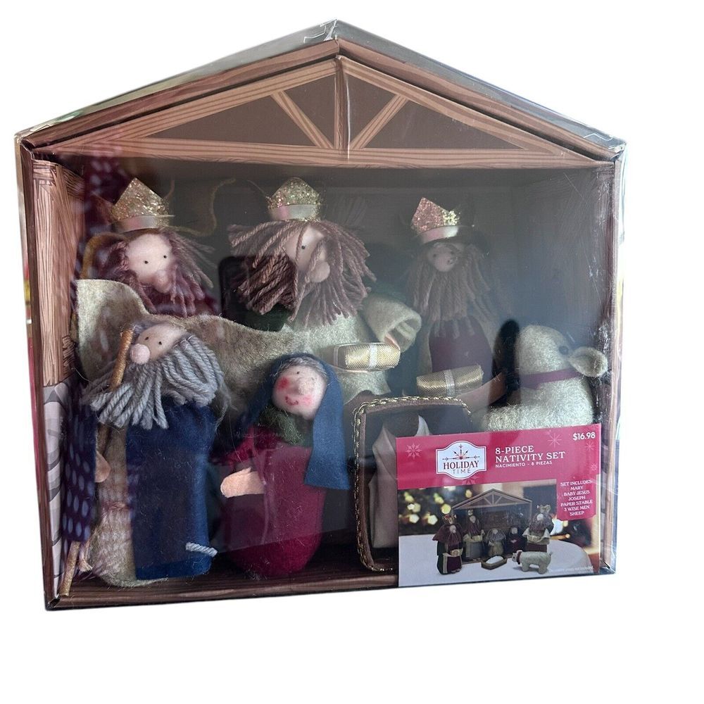 Nativity 8pc Set‎ Stuffed Felt Figures 10" Cardboard Manger Stable Christmas NEW